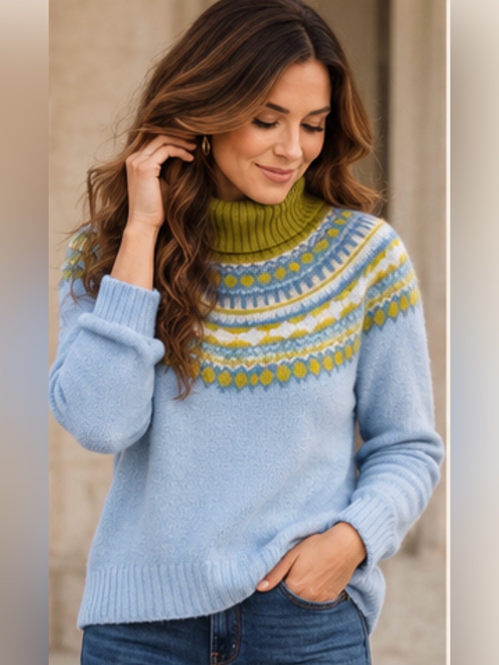 Cynthia Rowley M Blue Merino Wool Blend Fair Isle Turtleneck Nordic Sweater